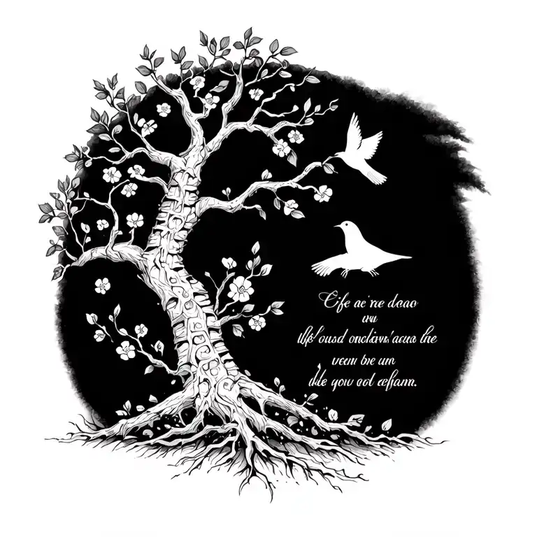 Fine line spine tattoo with meaningful symbolic quote, life tree with birds, branches with flowers tattoo design idea