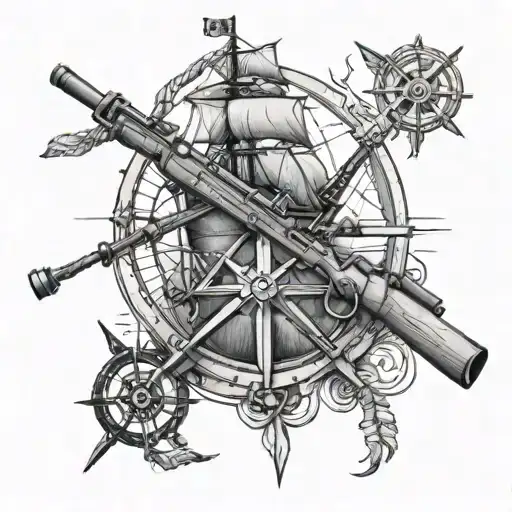 M14 rifle, anchor, compass and ship sailing tattoo design idea