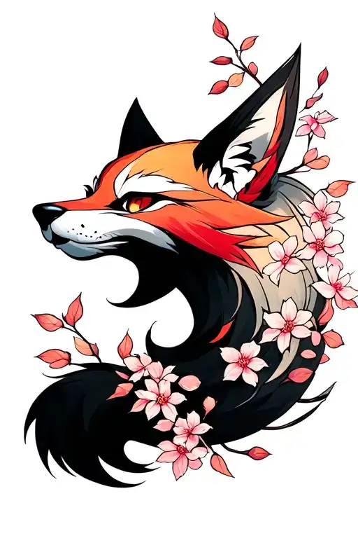 a kitsune mask surrounded by falling sakura leaves tattoo design idea