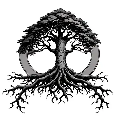 a tree tattoo at tha back with a large upside down omega circle around the tree with roots tattoo design idea