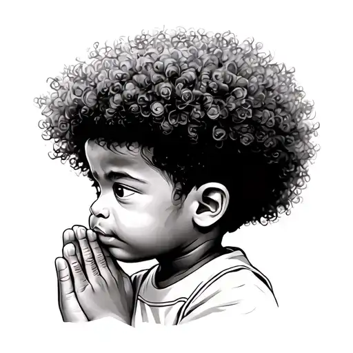 African American little boy with a mini Afro praying looking sideways tattoo design idea