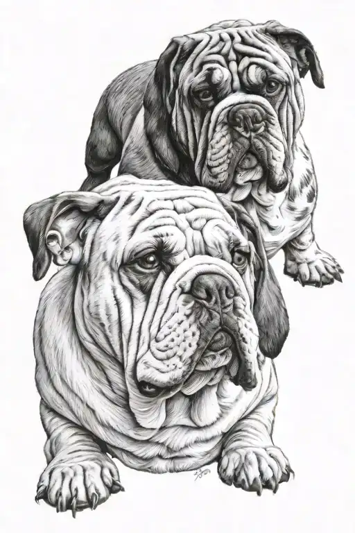 bulldog ingles y basset hound dog sitting side by side tattoo design idea