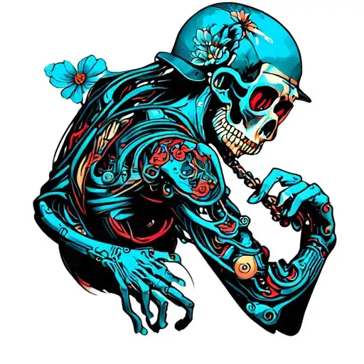 ripper doc vibe , with a bio mechanical body parts and Japanese background art  tattoo design idea