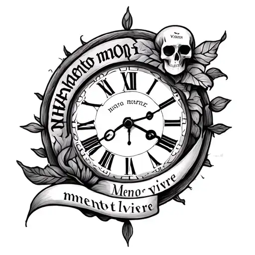 create a black and white tattoo using the words memento mori memento vivere using a ageing clock design tattoo design idea