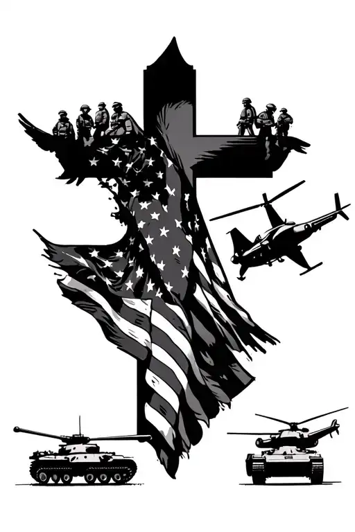 a cross with american flag with a egale with a plane a helicopter a tank and a group of soliders on each corner tattoo design idea