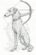 A sketch of a silhouette of a Scottish Deerhound and in the background artemis with bow and arrow  tattoo design idea