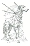 A sketch of a silhouette of a Scottish Deerhound and in the background artemis with bow and arrow  tattoo design idea