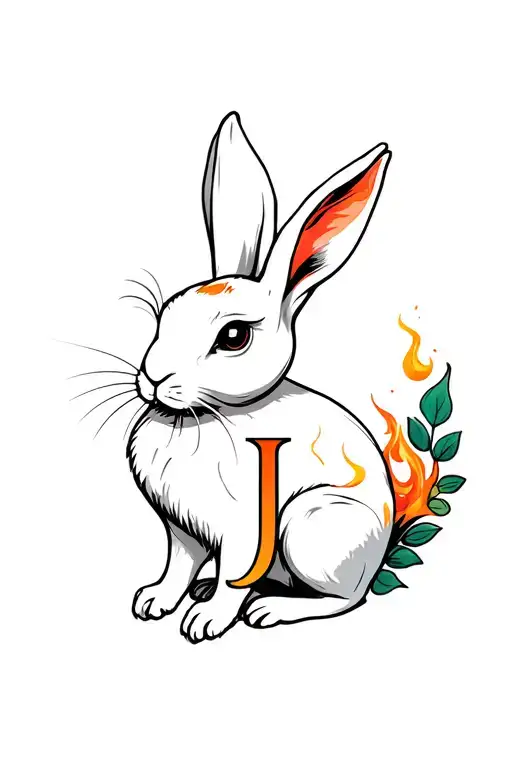 fire rabbit zodiac symbolism with leaf and letter J tattoo design idea