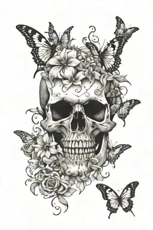 skull with lilys & butterflys tattoo design idea