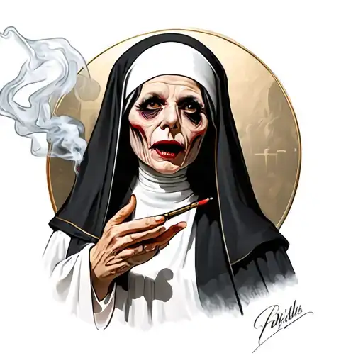 scary nun smoking tattoo design idea