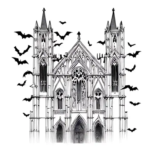 gothic cathedral with bats tattoo design idea