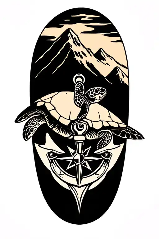 Sea turtle, ocean, mountains, anchor, compass tattoo design idea