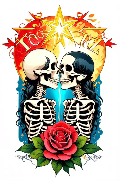 the word 'Tonz' 2 skeletons kissing and Star transforming into a rose tattoo design idea