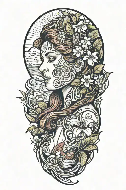 mother nature, hawaii, red hair tattoo design idea