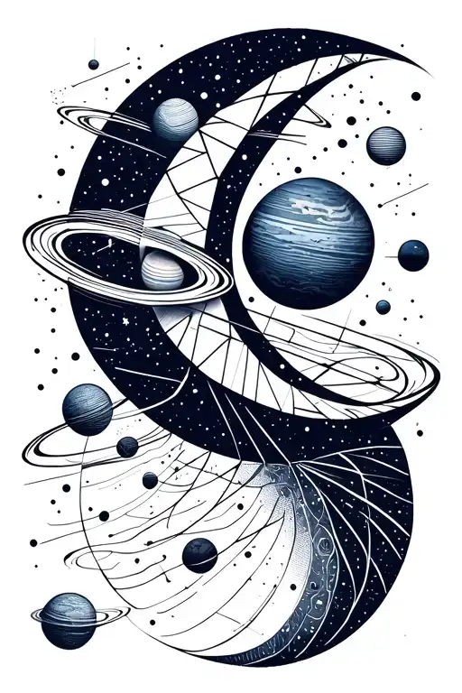 a geometric tattoo, featuring a stylized crescent moon, dotwork planets, and fine orbital lines. Incorpore lines and cir tattoo design idea