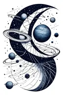 a geometric tattoo, featuring a stylized crescent moon, dotwork planets, and fine orbital lines. Incorpore lines and cir tattoo design idea