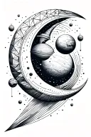 a geometric tattoo, featuring a stylized crescent moon, dotwork planets, and fine orbital lines. Incorpore lines and cir tattoo design idea
