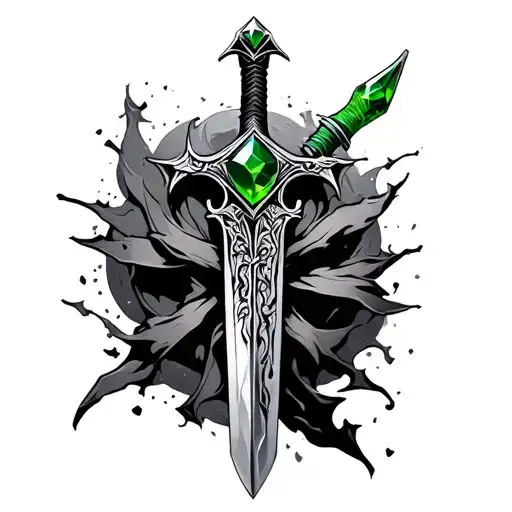 long sword with green stone in handle tattoo design idea