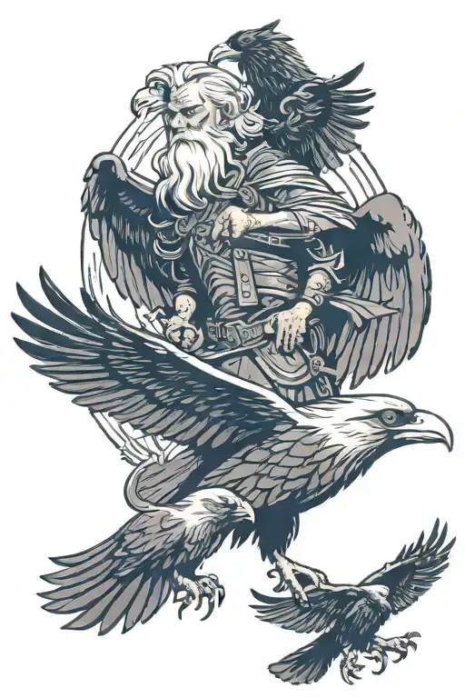 Odin With 2 ravens flying tattoo design idea