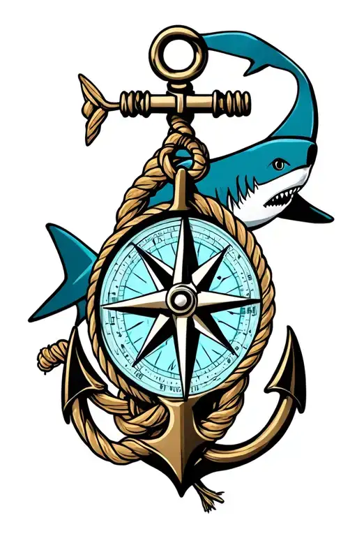 nautical compass boat anchor with rope wrapped and a shark behind  tattoo design idea