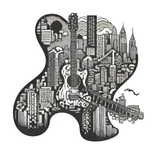 A guitar morphing into a city skyline, symbolizing the connection between music and urban life tattoo design idea