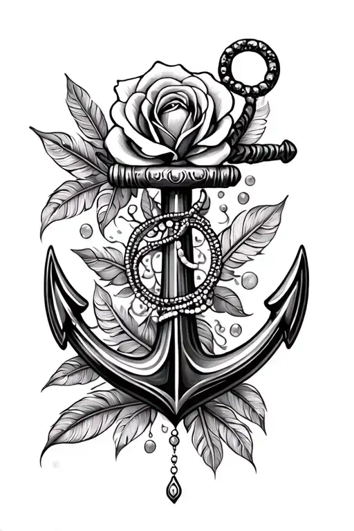 anchor, rose, mandala inspired with beading and feathers  tattoo design idea