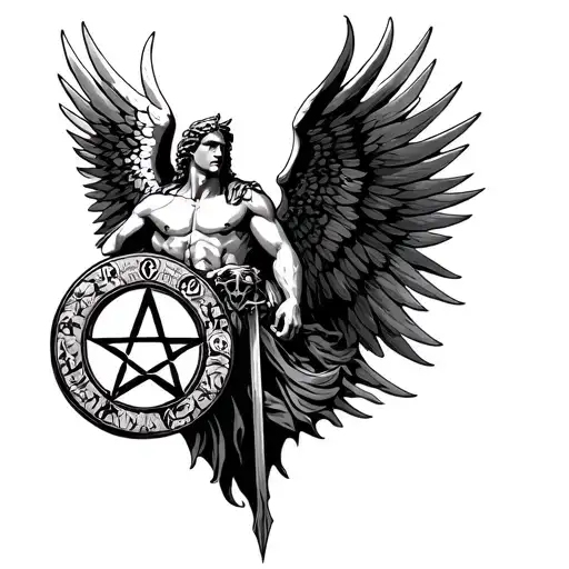 Archangel Michael with the pentacle of the 7 Archangel tattoo design idea