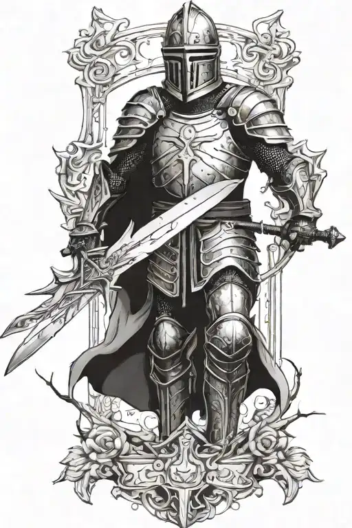 knight sword tough battles damaged armor still standing tired want to give up but keeps going and it's raining  tattoo design idea