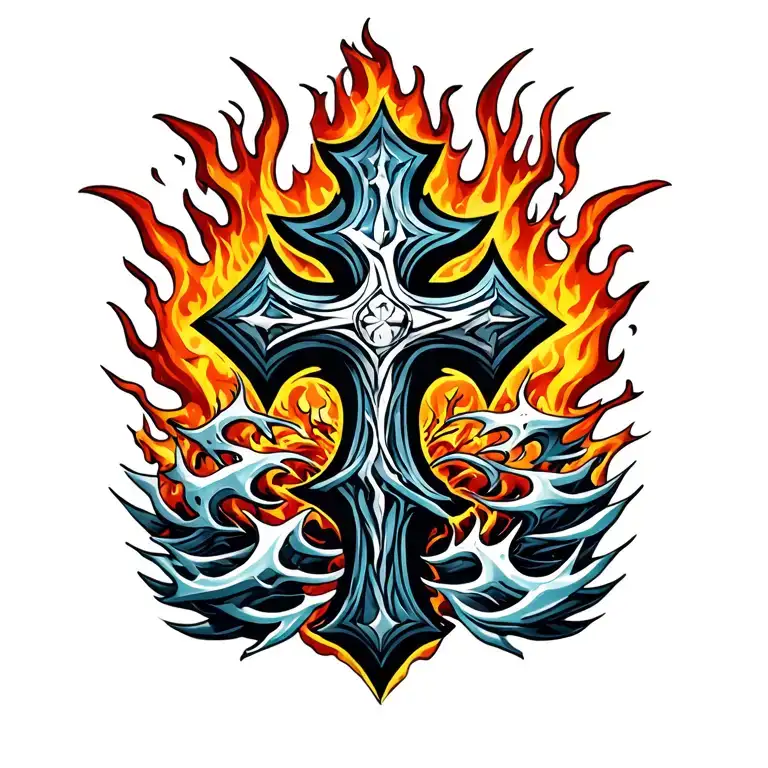 waves and flames with a cross tattoo design idea