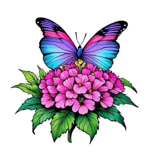 A pink, purple, and teal butterfly on a Celosia cristata flower tattoo design idea