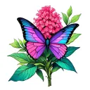 A pink, purple, and teal butterfly on a Celosia cristata flower tattoo design idea