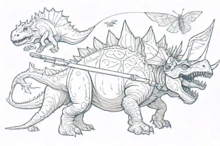 a stegosaurus with a shooting start, a triceratops with a butterfly, a t-rex holding a fishing rod and a long neck dino tattoo design idea