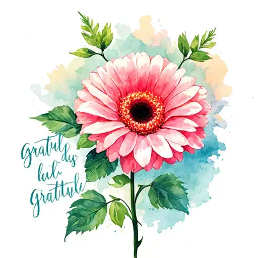 Rosa Gerbera with lettering gratitude as a stem tattoo design idea