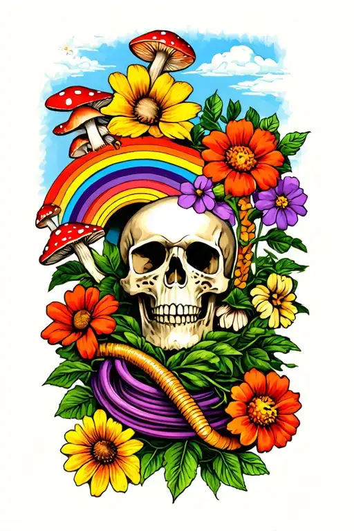 flowers, mushrooms, garden hose, and skull and rainbow tattoo design idea