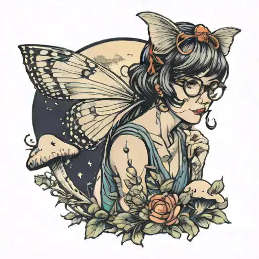 fairy, short hair, glasses, moon, toadstool tattoo design idea