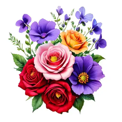 purple violets, light pink cosmos and red roses fire arm tattoo tattoo design idea