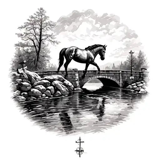 half time half compass teddy bear horse raching silks river under a small bridge  tattoo design idea