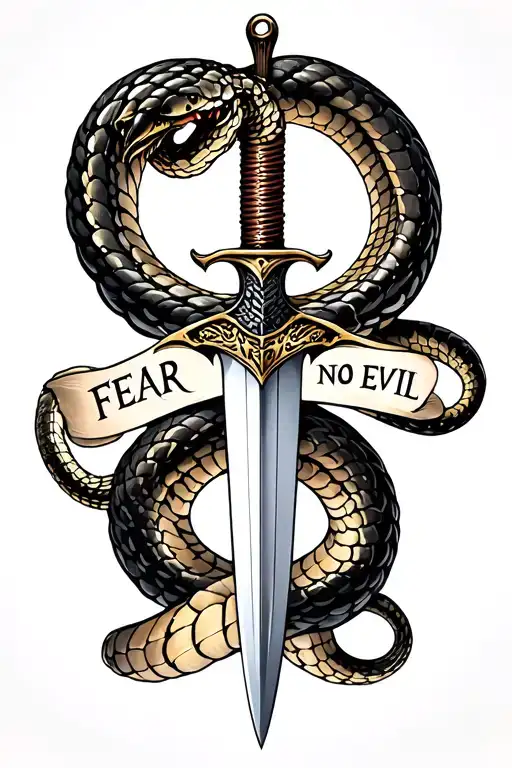 Dagger with snake coiling it and words saying "fear no evil". tattoo design idea