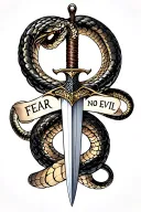 Dagger with snake coiling it and words saying "fear no evil". tattoo design idea