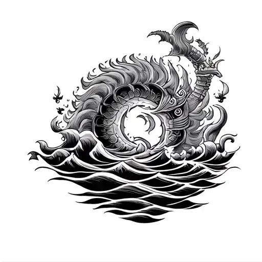 "Create a simplistic, artistic, small tattoo design representing Samudra Manthan (the Churning of the Ocean). The design tattoo design idea