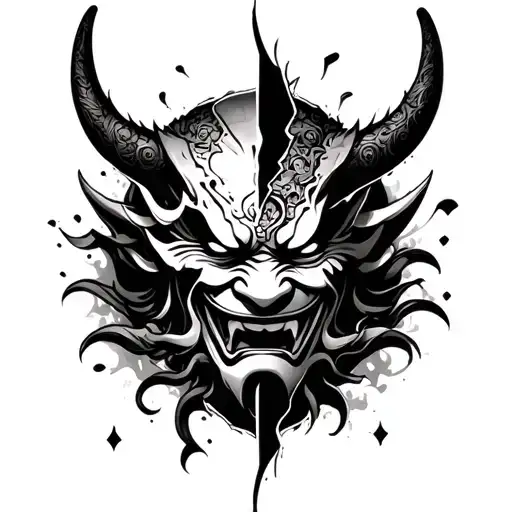 Full sleeve tattoo design with a dark motivational theme.Centerpiece: a realistic Japanese oni mask with a broken side  tattoo design idea