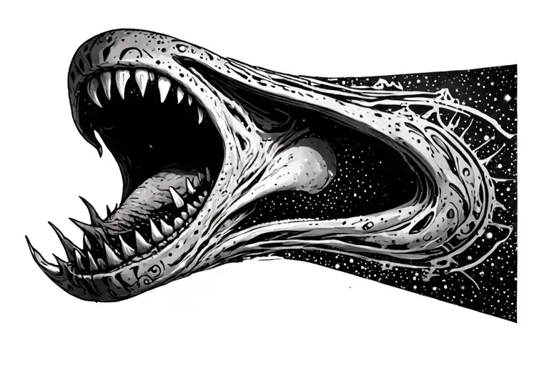 Cosmic Alien Romulis elongated muzzle with an open mouth with fangs in saliva tattoo design idea