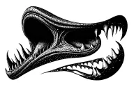 Cosmic Alien Romulis elongated muzzle with an open mouth with fangs in saliva tattoo design idea