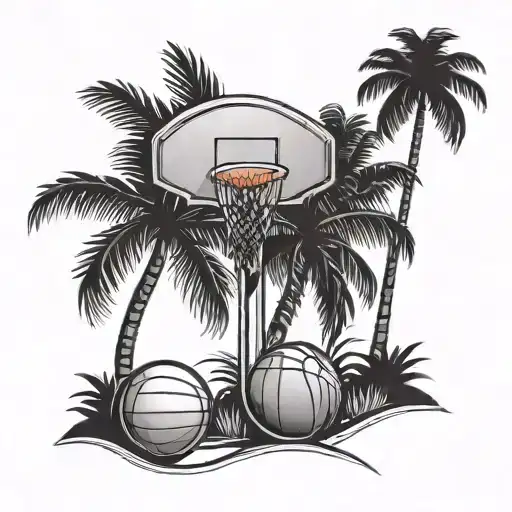 A vacation scene with a basketball hoop and softball bat leaning against a palm tree tattoo design idea