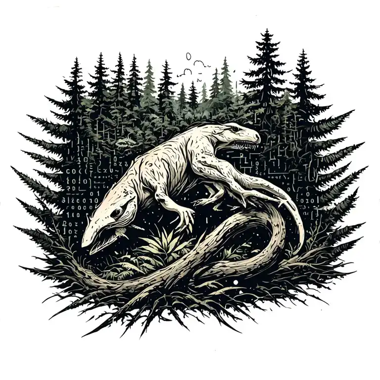 A tattoo design incorporating elements of programming code and ecological symbols to represent the client's occupation and passion for nature conservation tattoo design idea