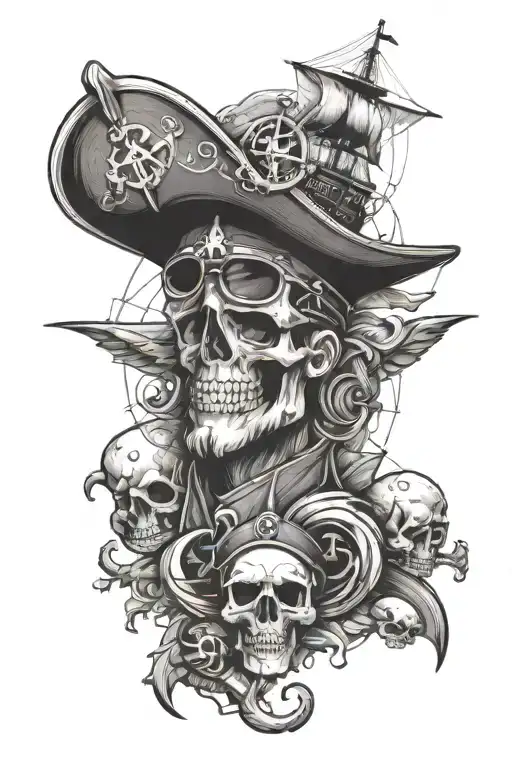 sea design. ship, lighthouse, compas, anchor, skull with pirat hat and eye patch tattoo design idea