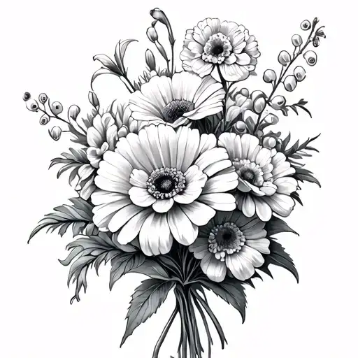 bouquet of marigolds , violets, carnations and Lilly of the valley  tattoo design idea