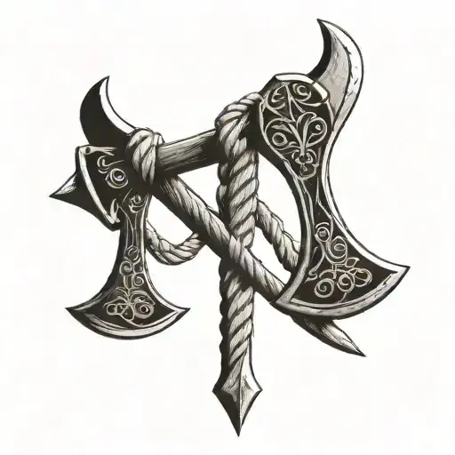 two viking axes crossed and tied by rope hanging tattoo design idea