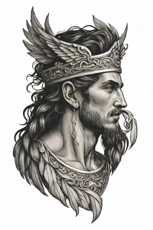 Hermes god greek art winged feathered hair and crown tattoo design idea