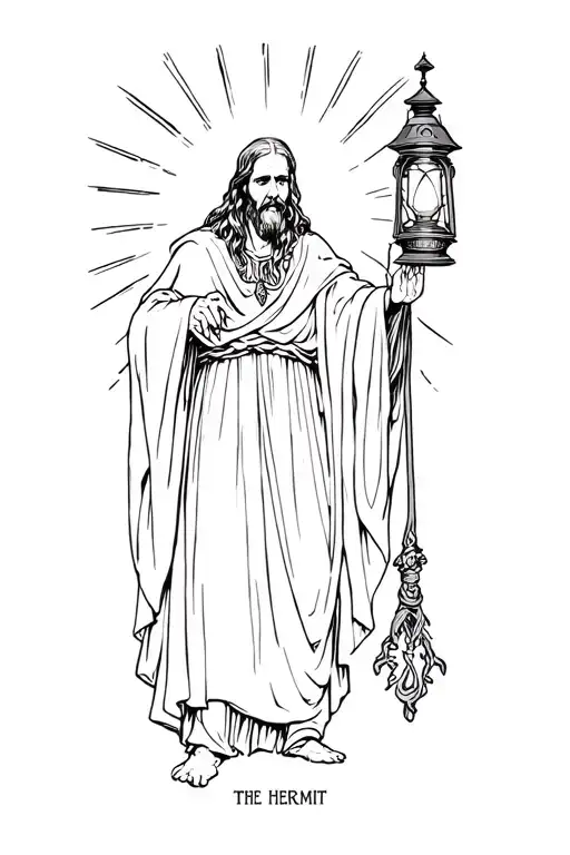 The hermit tarot card walking in darkness holding lantern with rays eminating tattoo design idea